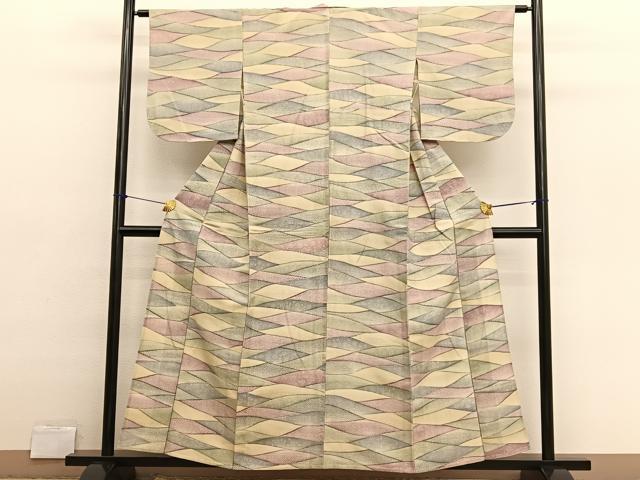 平和屋着物▽上質な小紋　単衣　重山花文　お召縮緬　反端付き　正絹　逸品　BAAX2651hv