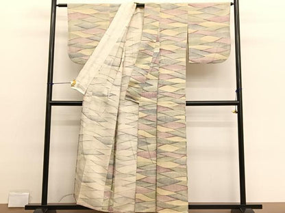 平和屋着物▽上質な小紋　単衣　重山花文　お召縮緬　反端付き　正絹　逸品　BAAX2651hv