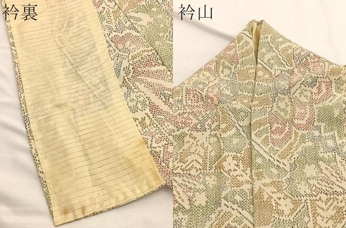 平和屋着物▽本塩沢　単衣　更紗花文　正絹　逸品　BAAX2652hv