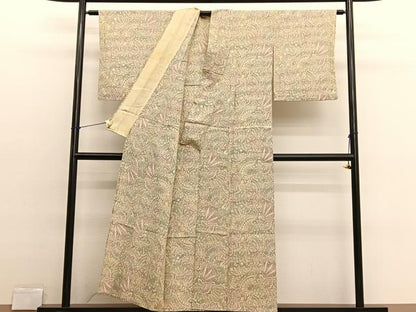 平和屋着物▽本塩沢　単衣　更紗花文　正絹　逸品　BAAX2652hv