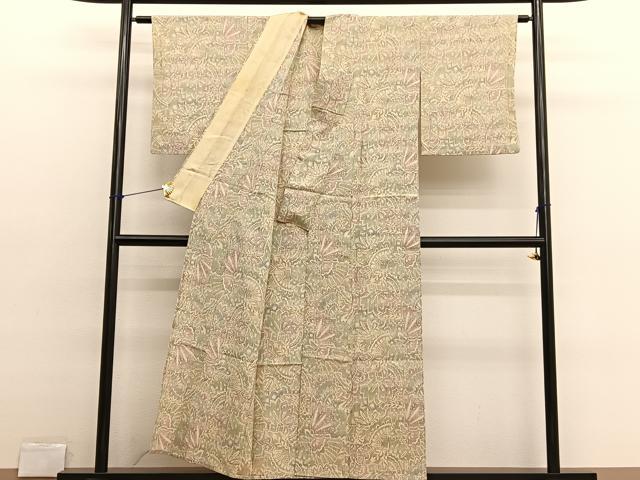 平和屋着物▽本塩沢　単衣　更紗花文　正絹　逸品　BAAX2652hv