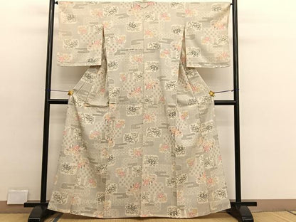 平和屋着物▽本塩沢　単衣　色紙花文　正絹　逸品　BAAX2653hv