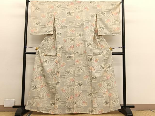 平和屋着物▽本塩沢　単衣　色紙花文　正絹　逸品　BAAX2653hv