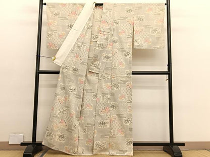 平和屋着物▽本塩沢　単衣　色紙花文　正絹　逸品　BAAX2653hv