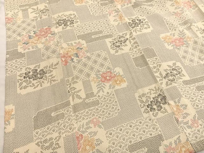 平和屋着物▽本塩沢　単衣　色紙花文　正絹　逸品　BAAX2653hv