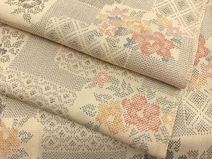 平和屋着物▽本塩沢　単衣　色紙花文　正絹　逸品　BAAX2653hv
