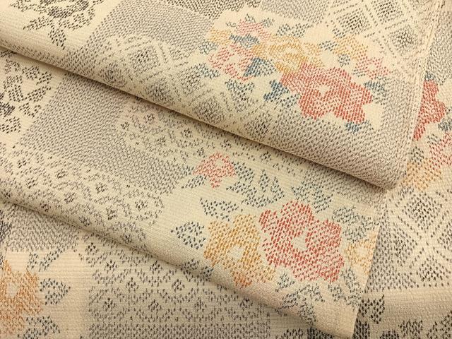 平和屋着物▽本塩沢　単衣　色紙花文　正絹　逸品　BAAX2653hv