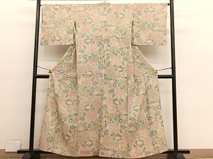 平和屋着物▽上質なお召　単衣　牡丹花文　正絹　逸品　BAAX2654hv