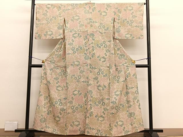 平和屋着物▽上質なお召　単衣　牡丹花文　正絹　逸品　BAAX2654hv