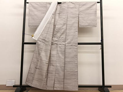 平和屋着物▽上質な紬　単衣　横段文　正絹　逸品　BAAX2662hv