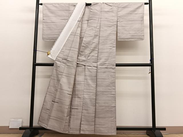 平和屋着物▽上質な紬　単衣　横段文　正絹　逸品　BAAX2662hv