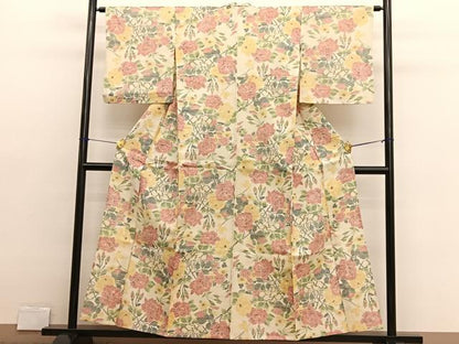 平和屋着物▽上質な紬　単衣　薔薇　正絹　逸品　BAAX2663hv