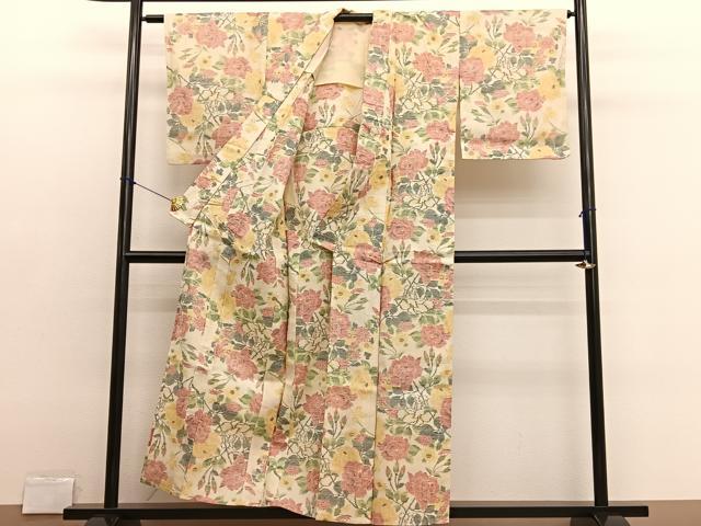 平和屋着物▽上質な紬　単衣　薔薇　正絹　逸品　BAAX2663hv