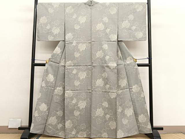 平和屋着物▽上質な紬　単衣　葡萄の葉　正絹　逸品　BAAX2666hv