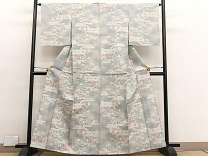 平和屋着物▽上質な紬　単衣　エ霞花文　正絹　逸品　BAAX2669hv