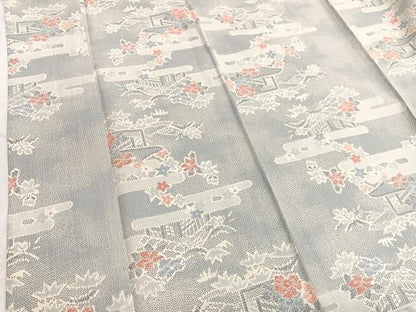 平和屋着物▽上質な紬　単衣　エ霞花文　正絹　逸品　BAAX2669hv