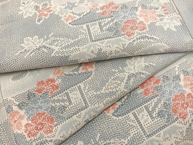平和屋着物▽上質な紬　単衣　エ霞花文　正絹　逸品　BAAX2669hv