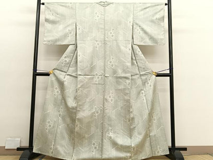 平和屋着物▽上質なお召　単衣　140亀甲　枝花文　正絹　逸品　BAAX2672hv