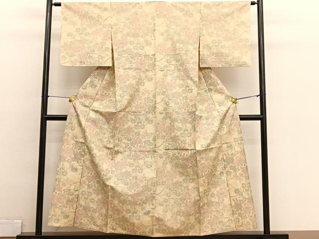 平和屋着物▽上質な紬　単衣　枝花文　正絹　逸品　BAAX2674hv