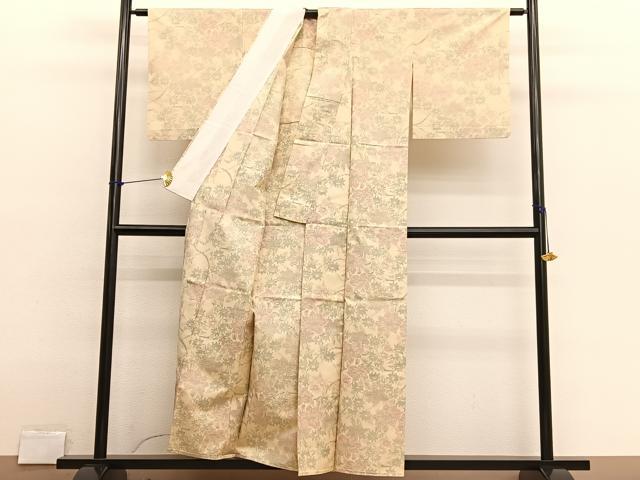 平和屋着物▽上質な紬　単衣　枝花文　正絹　逸品　BAAX2674hv