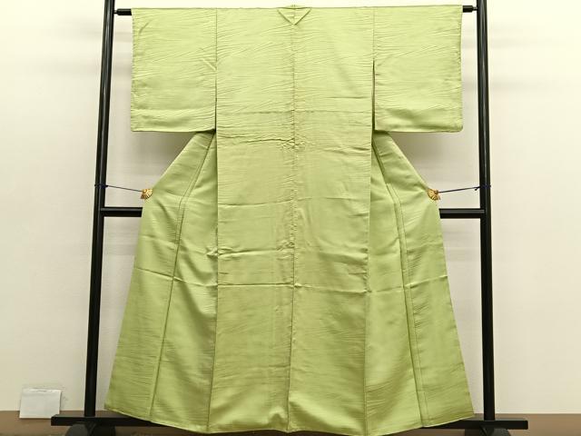 平和屋着物■上質な色無地　幾何学地紋　抹茶色　正絹　逸品　BAAX2703hv