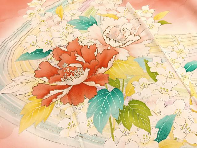 平和屋着物■豪華振袖　駒刺繍　流水牡丹花文　暈し染め　金銀彩　正絹　逸品　BAAX2753hv