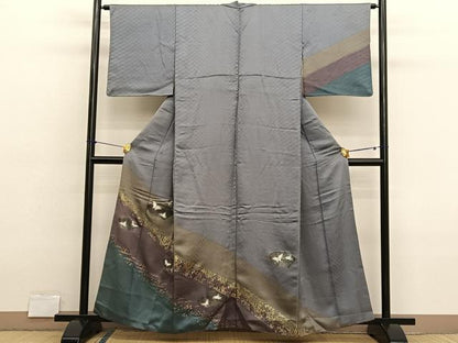 平和屋着物■訪問着　刺繍　地紙花蝶文　暈し染め　金銀彩　銀通し地　正絹　逸品　BAAX2777hv
