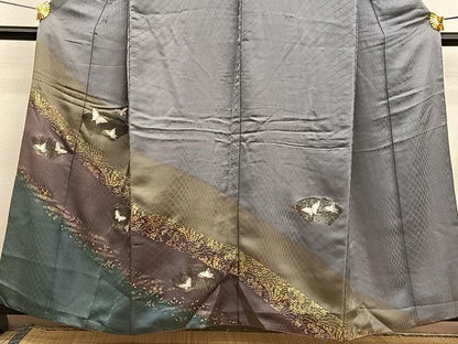 平和屋着物■訪問着　刺繍　地紙花蝶文　暈し染め　金銀彩　銀通し地　正絹　逸品　BAAX2777hv