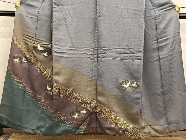 平和屋着物■訪問着　刺繍　地紙花蝶文　暈し染め　金銀彩　銀通し地　正絹　逸品　BAAX2777hv