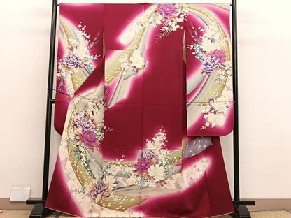 平和屋着物■豪華振袖　牡丹花文　暈し染め　正絹　逸品　BAAX2778hv