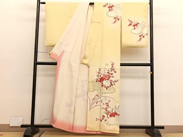 平和屋着物■訪問着　手描き　雲取り花文　暈し染め　金銀彩　正絹　逸品　BAAX2790hv