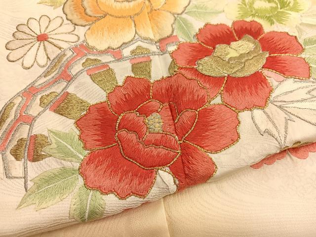 平和屋着物■豪華振袖　総刺繍　駒刺繍　片輪車花文　暈し染め　金銀糸　西武扱い　正絹　逸品　未使用　BAAX2798hv