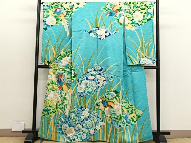 平和屋着物■小振袖　駒刺繍　尾長鳥花文　金彩　正絹　逸品　BAAX2799hv