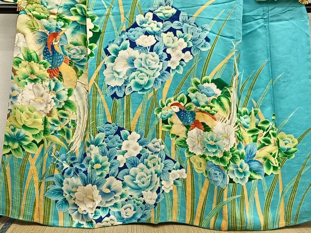 平和屋着物■小振袖　駒刺繍　尾長鳥花文　金彩　正絹　逸品　BAAX2799hv