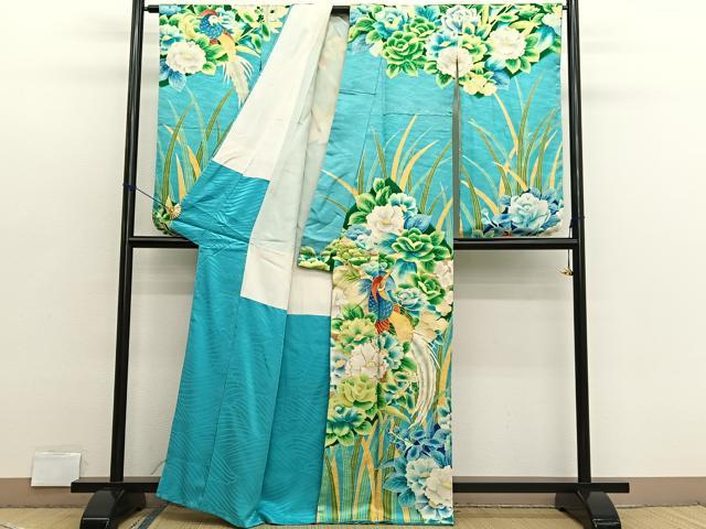 平和屋着物■小振袖　駒刺繍　尾長鳥花文　金彩　正絹　逸品　BAAX2799hv
