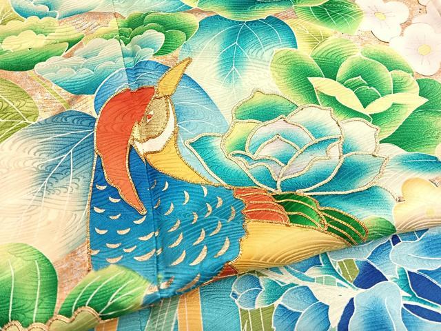 平和屋着物■小振袖　駒刺繍　尾長鳥花文　金彩　正絹　逸品　BAAX2799hv