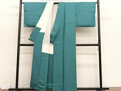 平和屋着物■上質な色無地　氷割れ地紋　木賊色　正絹　逸品　BAAX2826hv