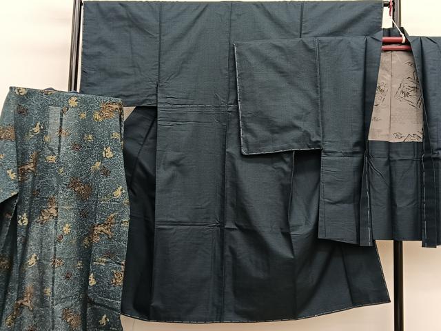 平和屋着物■男性　紬　アンサンブル　長襦袢（無双仕立て）セット　100亀甲　正絹　逸品　BAAX2833hv