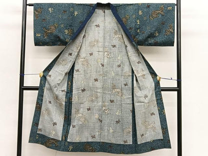 平和屋着物■男性　紬　アンサンブル　長襦袢（無双仕立て）セット　100亀甲　正絹　逸品　BAAX2833hv