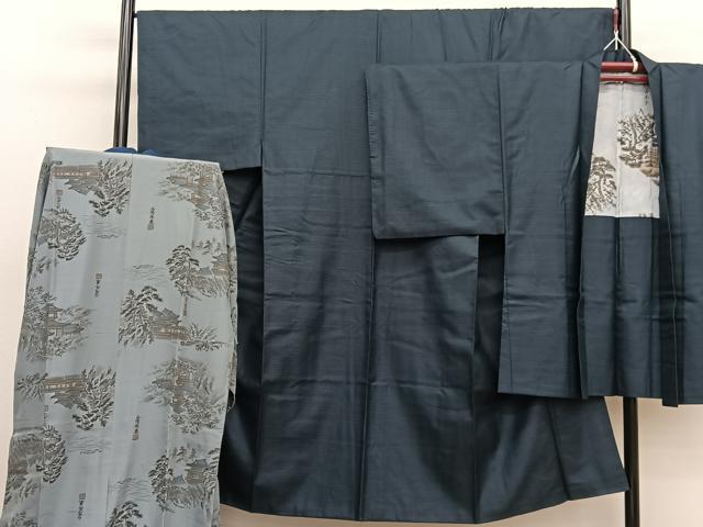 平和屋着物●男性　紬　アンサンブル　長襦袢（袷）セット　100亀甲　正絹　逸品　BAAX2836hv