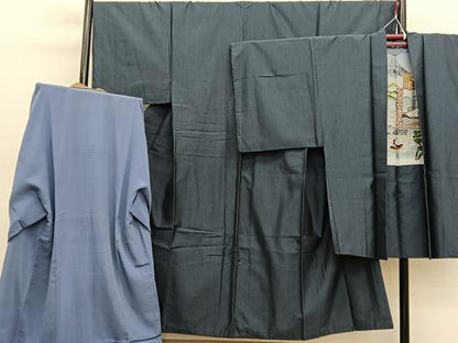 平和屋着物●男性　紬　アンサンブル　長襦袢（袷）セット　縞　正絹　逸品　BAAX2838hv