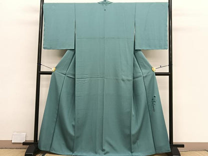 平和屋着物●染色作家　斉藤三才監修　色無地　青磁色　反端付き　正絹　逸品　BAAX2839hv