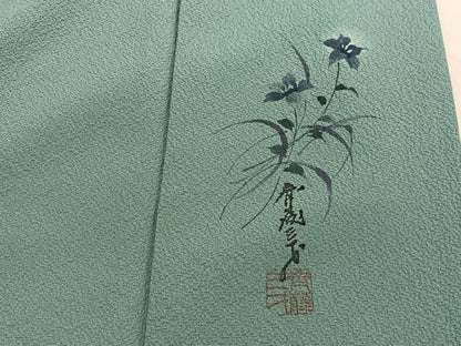 平和屋着物●染色作家　斉藤三才監修　色無地　青磁色　反端付き　正絹　逸品　BAAX2839hv