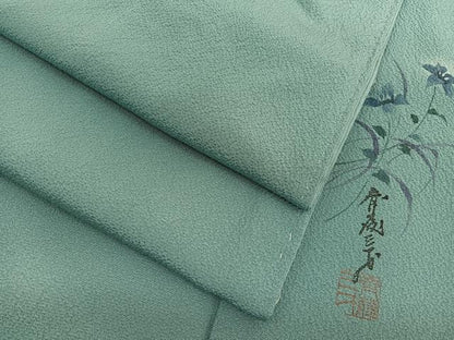 平和屋着物●染色作家　斉藤三才監修　色無地　青磁色　反端付き　正絹　逸品　BAAX2839hv