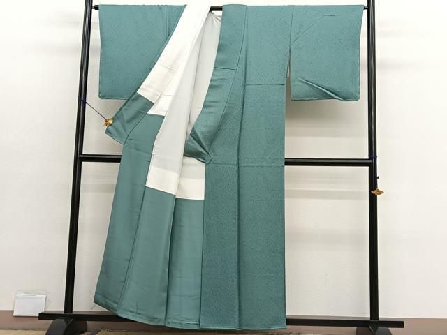 平和屋着物■上質な色無地　風花　草葉地紋　老竹色　堅牢染　反端付き　正絹　逸品　BAAX2846hv