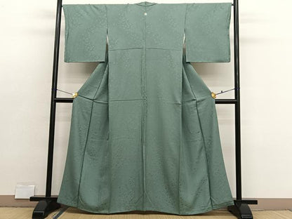 平和屋着物●上質な色無地　箔散らし地紋　山葵色　本草木染　堅牢染　反端付き　正絹　逸品　BAAX2848hv