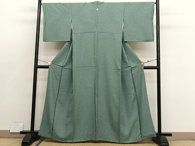 平和屋着物●上質な色無地　箔散らし地紋　山葵色　本草木染　堅牢染　反端付き　正絹　逸品　BAAX2848hv