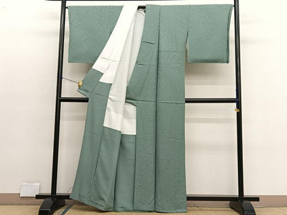 平和屋着物●上質な色無地　箔散らし地紋　山葵色　本草木染　堅牢染　反端付き　正絹　逸品　BAAX2848hv