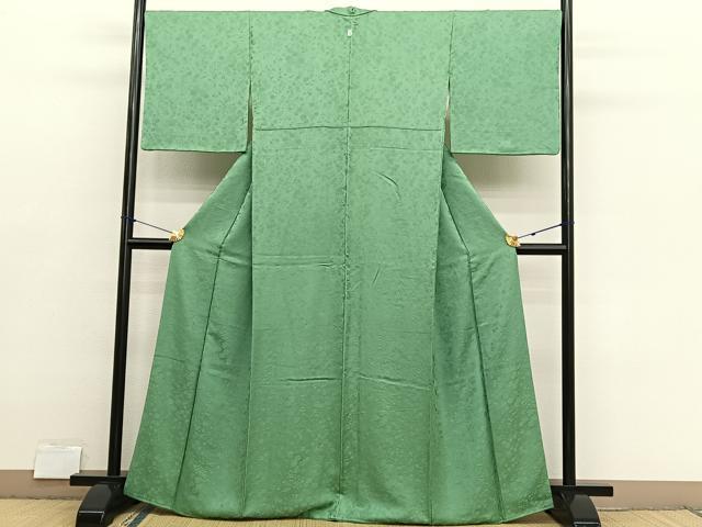 平和屋着物●上質な色無地　草花地紋　柳色　草木染　反端付き　正絹　逸品　BAAX2861hv