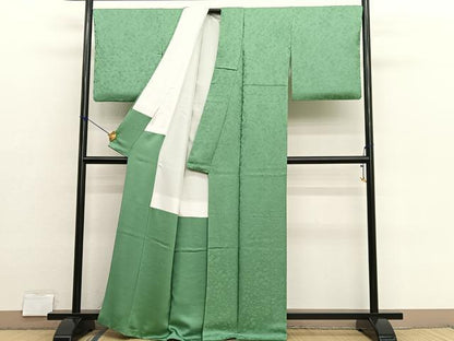 平和屋着物●上質な色無地　草花地紋　柳色　草木染　反端付き　正絹　逸品　BAAX2861hv